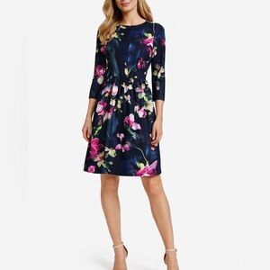 Ted Baker Floral Orchid Midi Dress TB2 US 6 | 3/4 Sleeve Gold Zip Cuffs